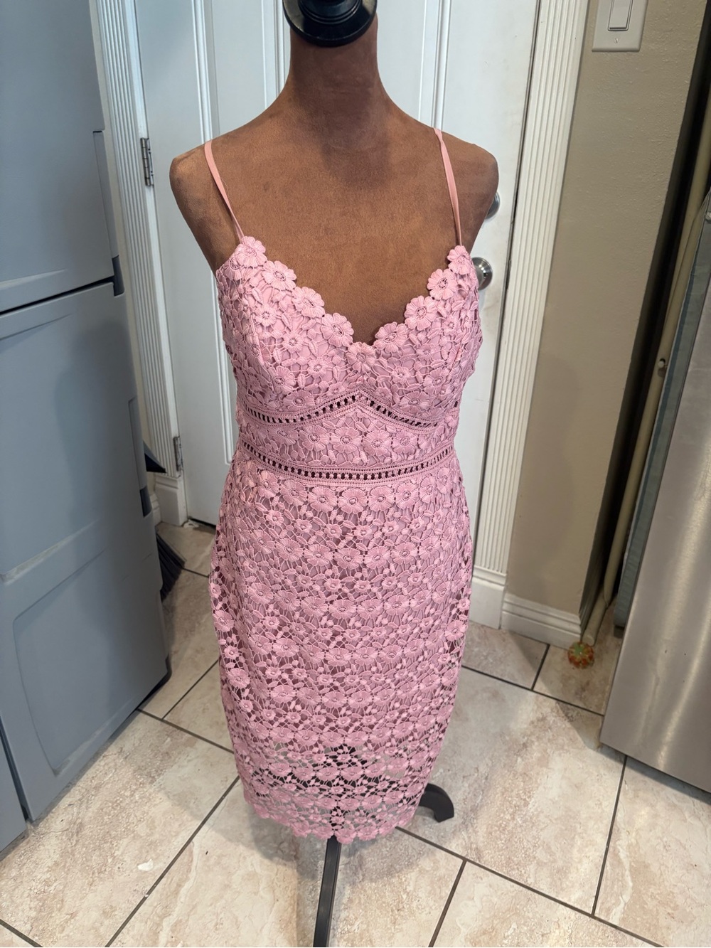 Premier Pink Lace Midi Dress with Spaghetti Straps
